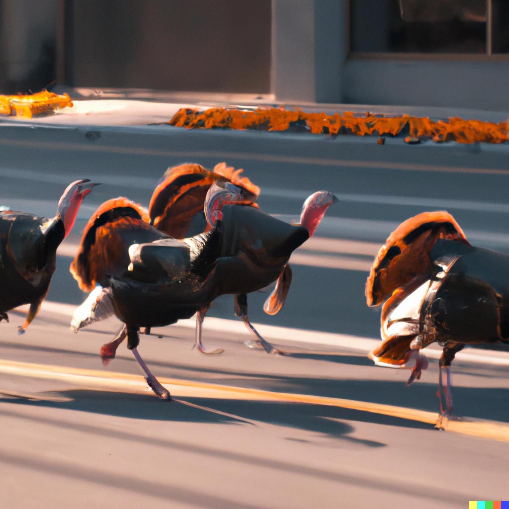 DALL·E prompt: Film still, establishing shot of turkeys running in marathon down a street in a race, golden hour, high angle